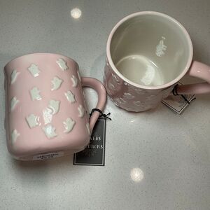 Set of 2 - Pastel Pink Coffee Mug Cups with 3D White Ghosts